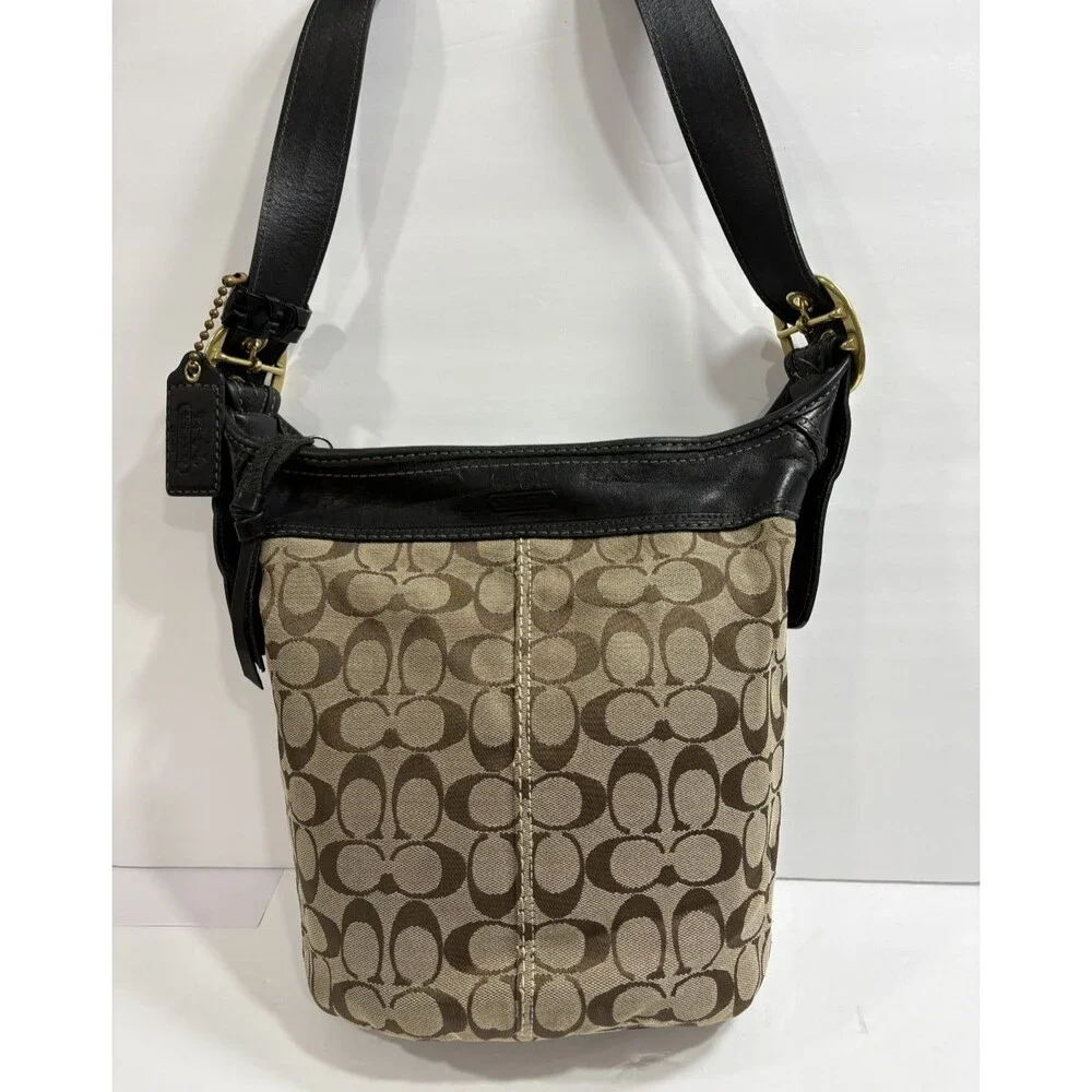 Vintage Coach Black Leather / Khaki Signature Shoulder Bucket Bag Crossbody_2